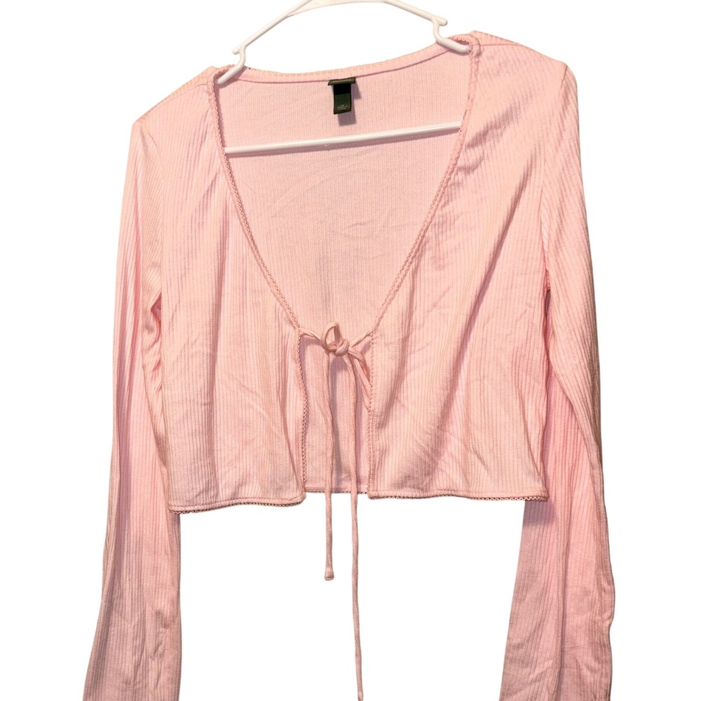 Wild Fable Light Pink Ribbed Tie-Front Cropped Cardigan Long Sleeve Top Medium